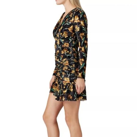 Delfi Collective Black Velvet Ruched Tiger Lily Print Cocktail Dress M - Picture 2 of 9